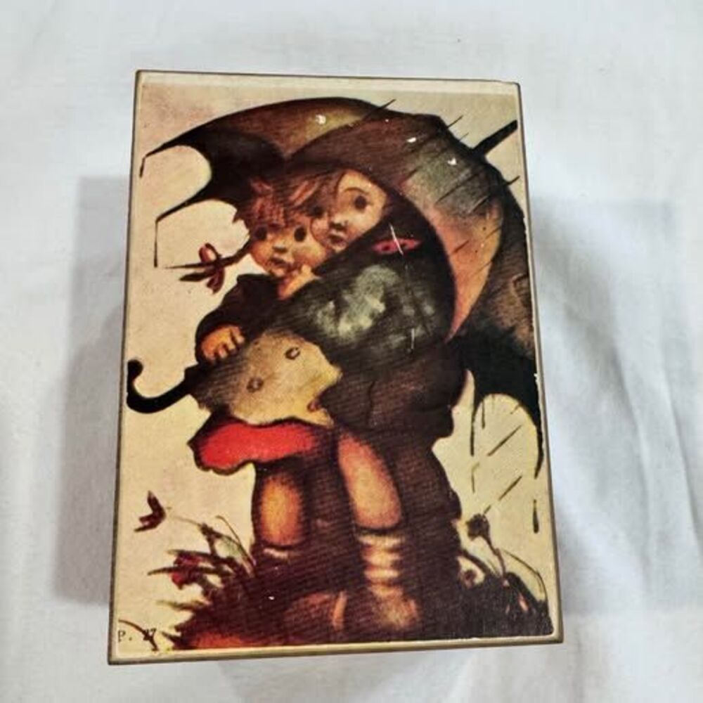 Vintage Hummel Style Wood Music Box Made in Japan Boy Girl Umbrella - Picture 3 of 5